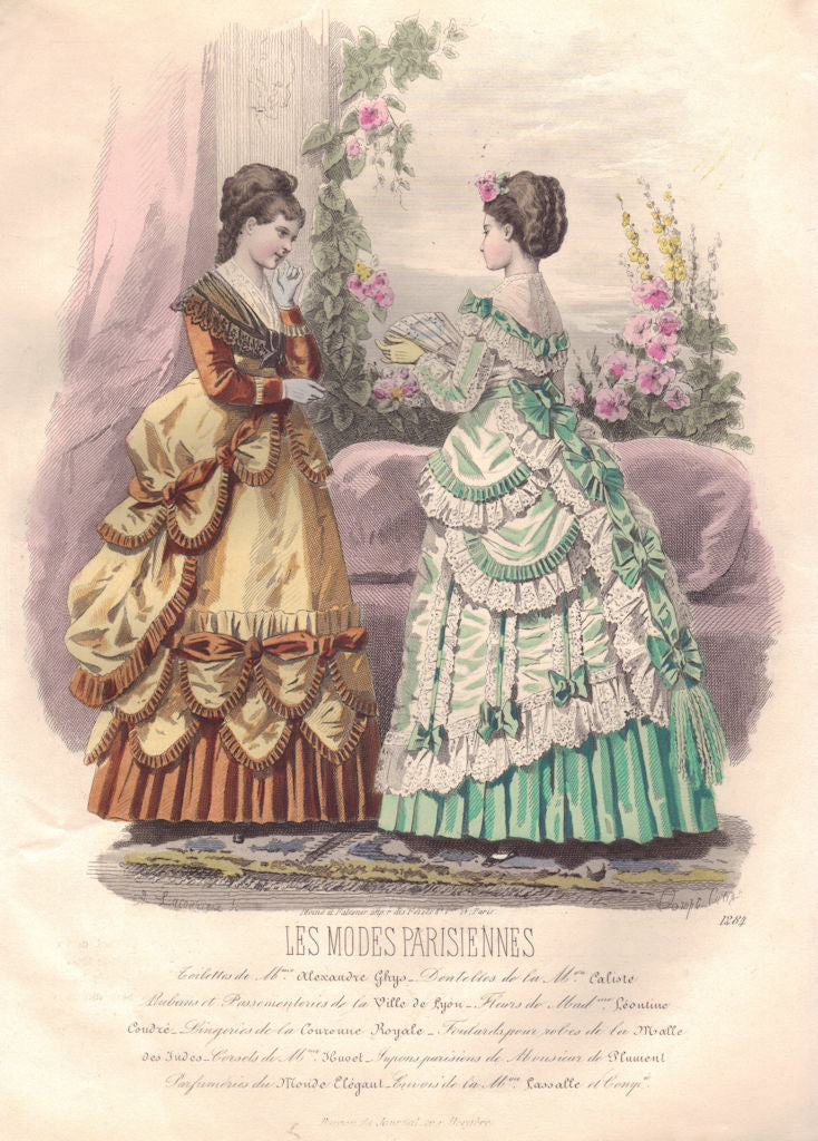 FASHION. Elegant Parisian ladies. Fan. green. yellow 1869 old antique print